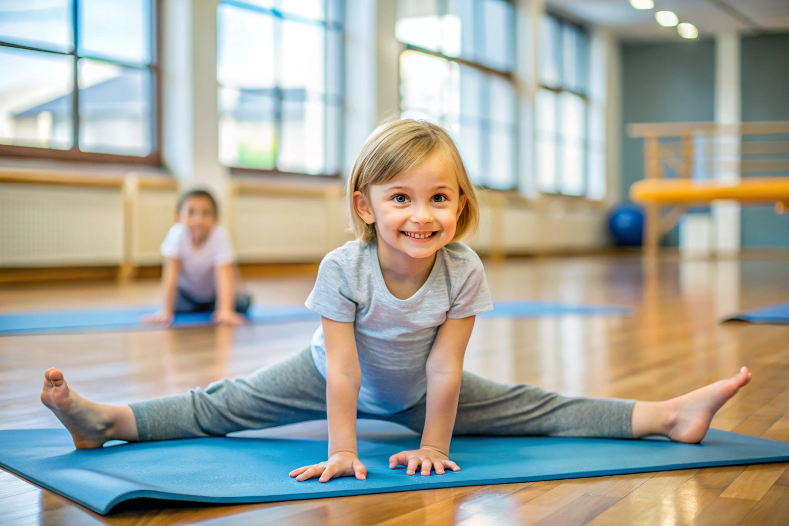 Niño sonriendo mientras realiza un estiramiento en el suelo, con brazos extendidos y piernas flexionadas, en un espacio de gimnasio con colchonetas y sin distracciones