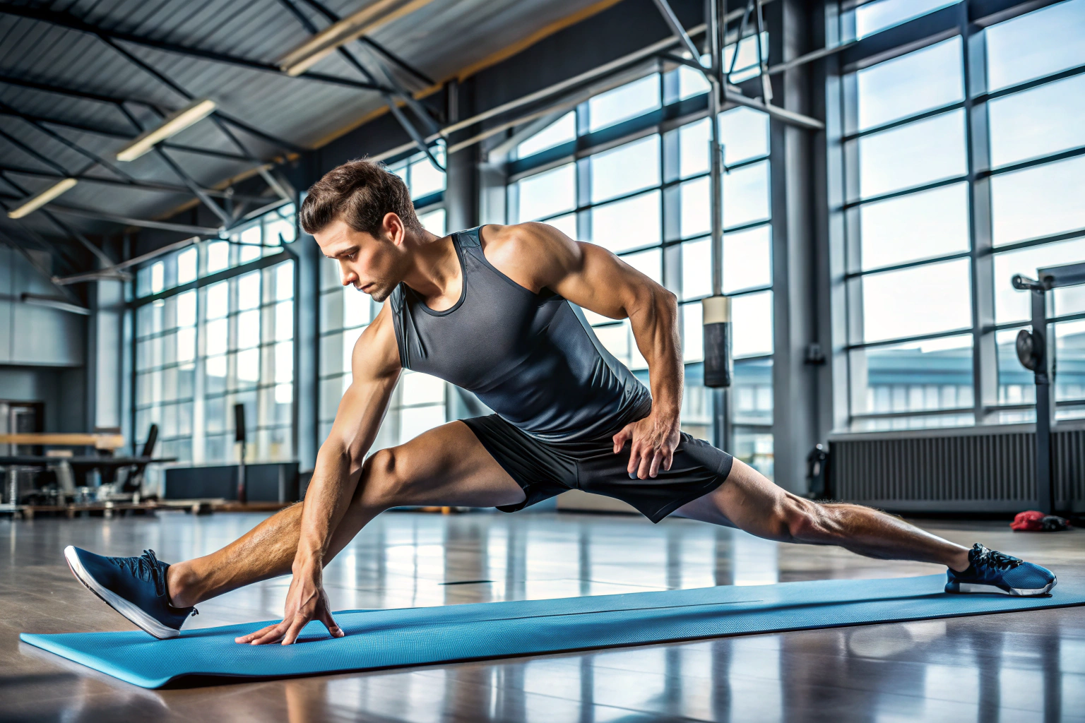 Persona realizando estiramientos dinámicos de piernas en una colchoneta de gimnasia, con fondo de instalaciones deportivas limpias y bien iluminadas